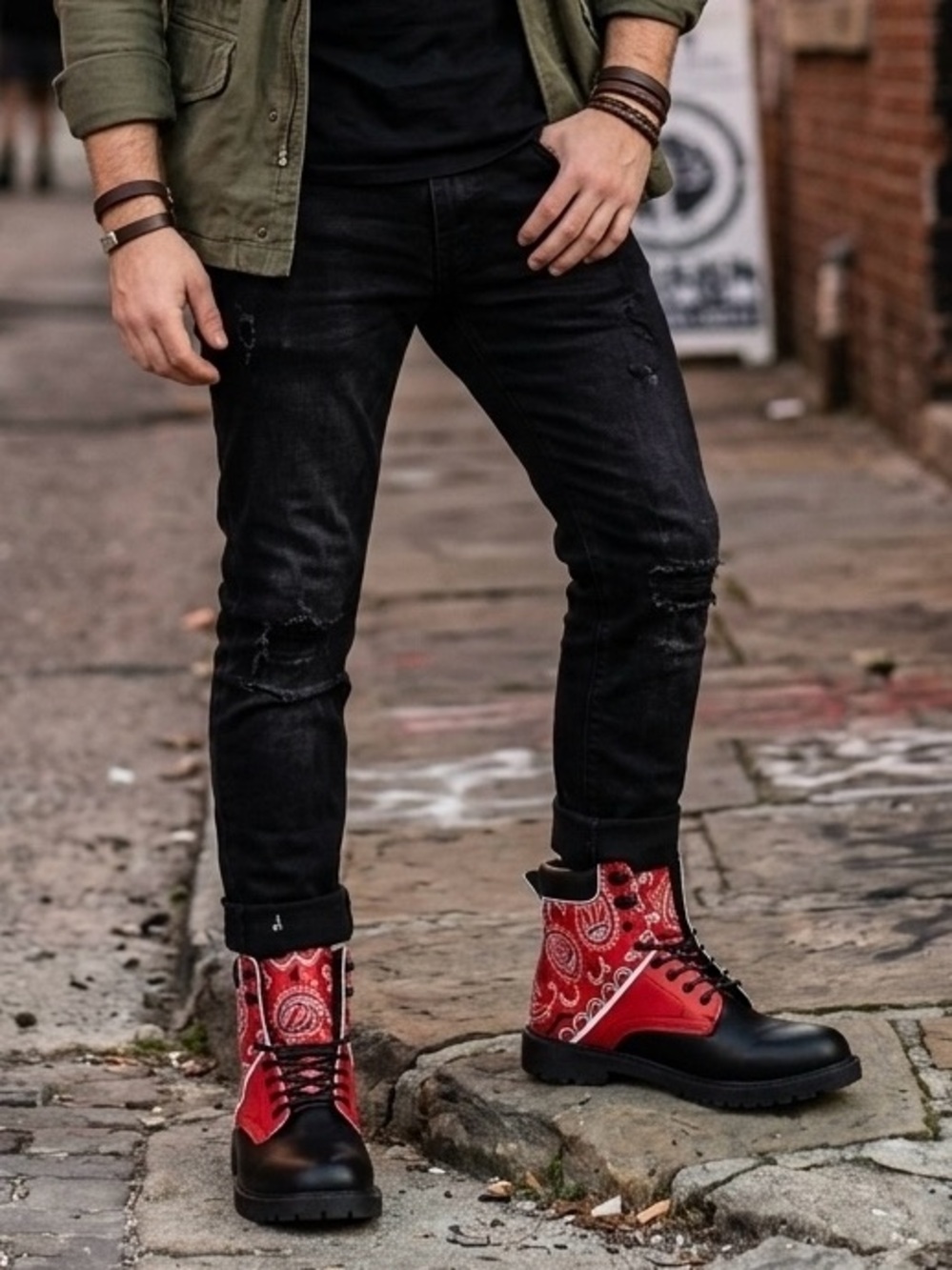 Red Bandana Paisley Combat Boots Men 9 Women 10.5